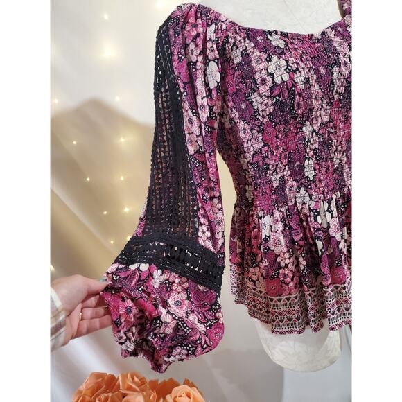 Vtg Angie Smocked Floral Crochet Balloon Sleeve Peplum Top Size XL Whimsygoth - Picture 6 of 11